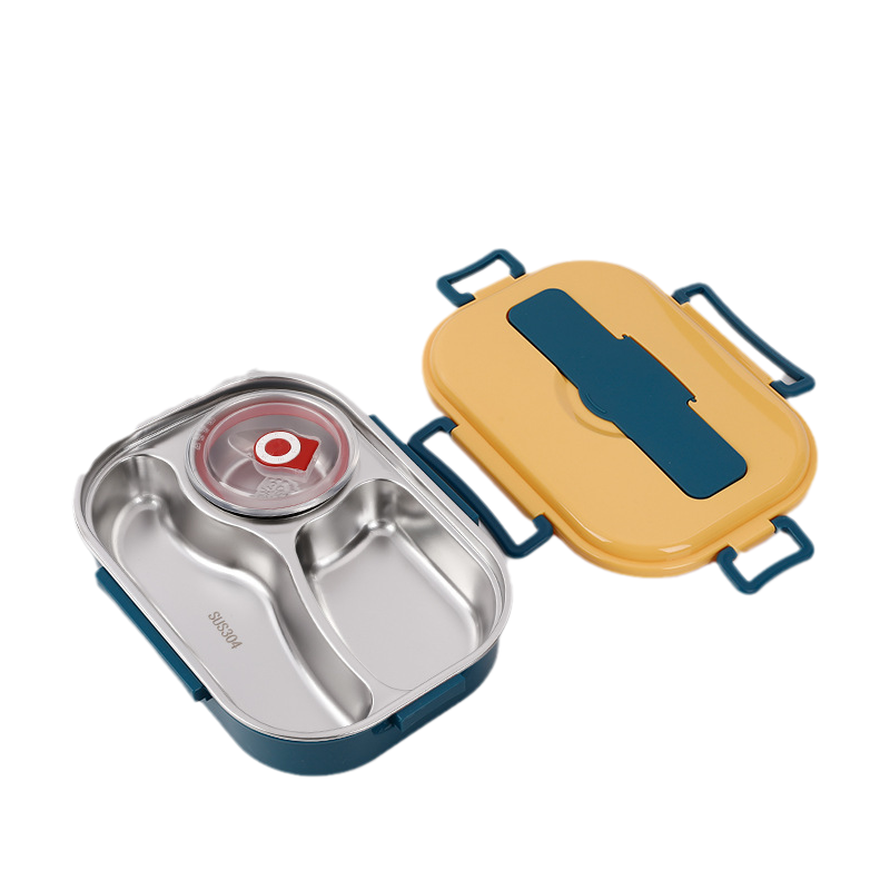 Yellow thermal lunch box opened showing stainless steel compartments and soup bowl