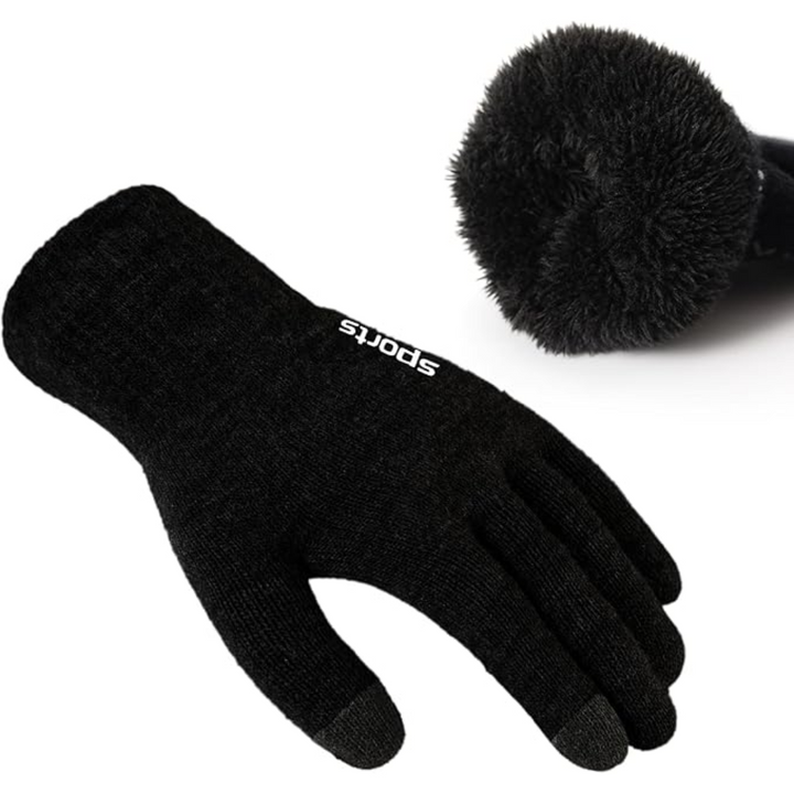 Black thermal touchscreen winter glove showing fuzzy interior