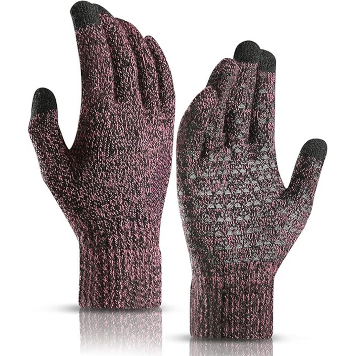 Pair of black and pink speckled thermal touchscreen winter gloves showing palm grip