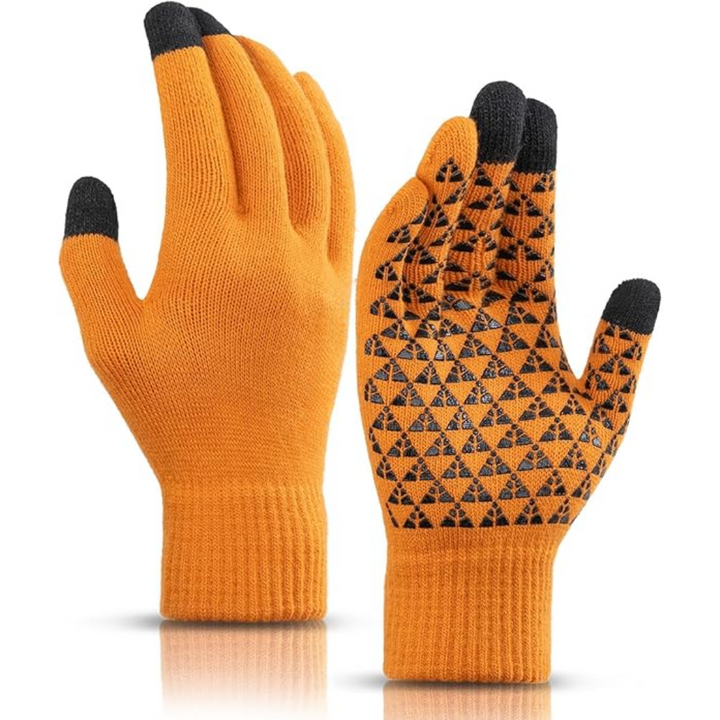 Pair of bright orange winter gloves featuring anti-slip palm details