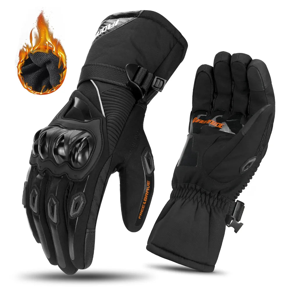 Black insulated motorcycle gloves with hard knuckle protection and thermal graphic