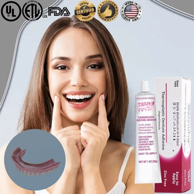Smiling woman showing healthy teeth alongside thermoplastic denture adhesive tube and box