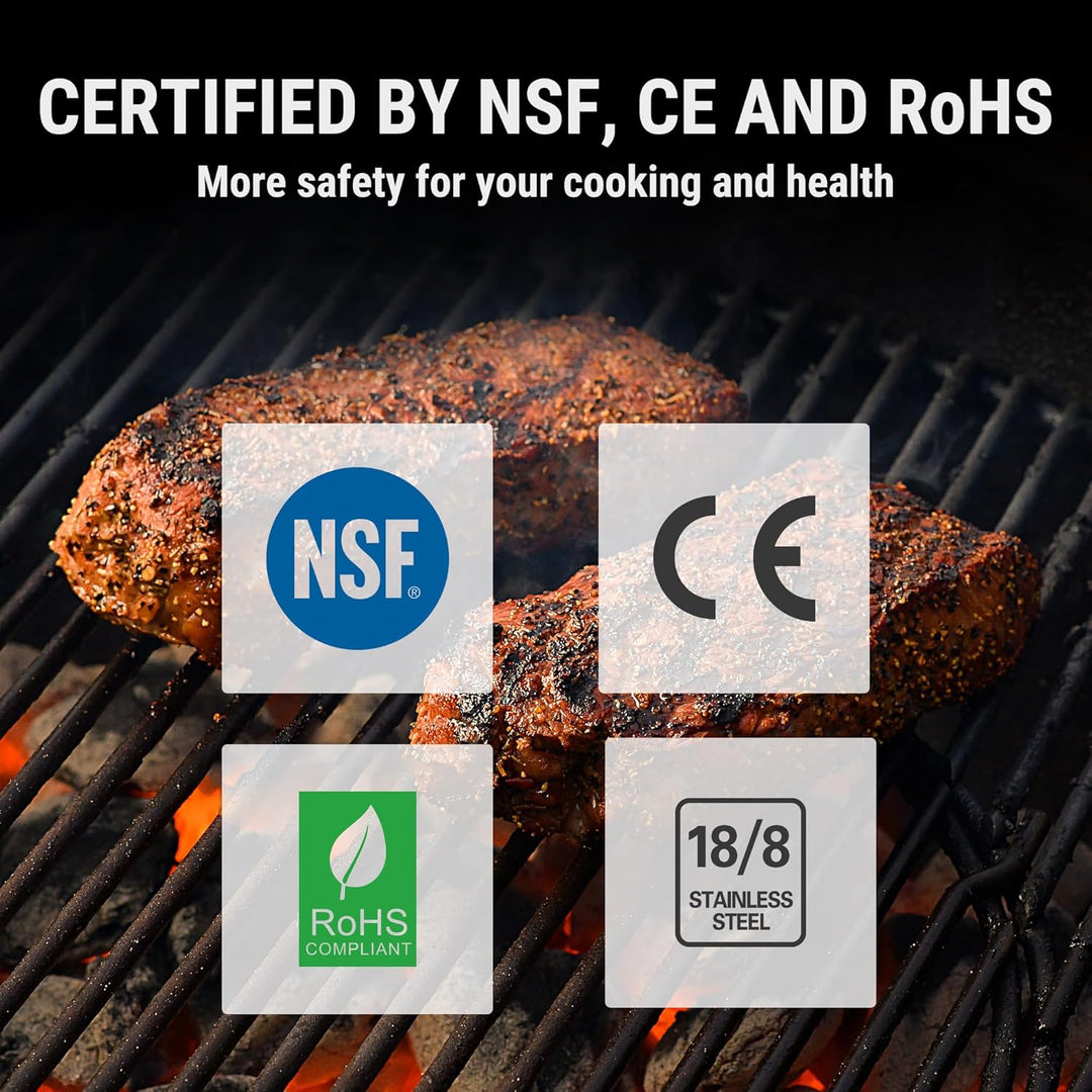Close up view of digital kitchen thermometer probe measuring roast meat