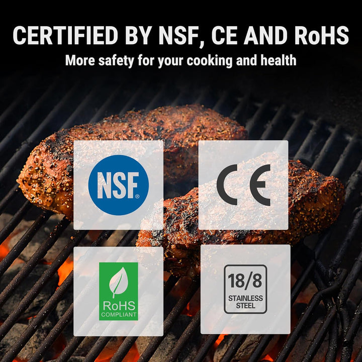 Close up view of digital kitchen thermometer probe measuring roast meat