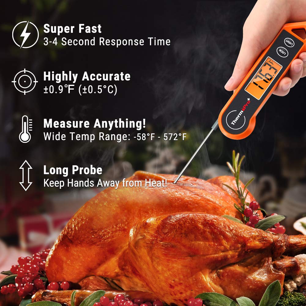 Instant read meat thermometer being used to check steak doneness