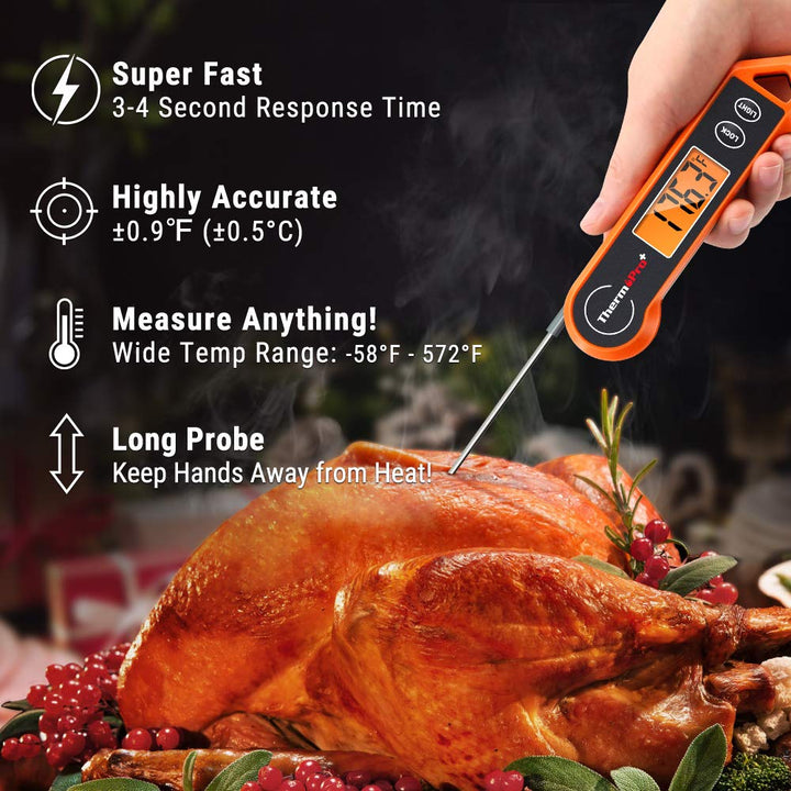 Instant read meat thermometer being used to check steak doneness