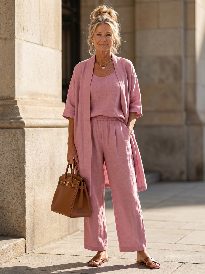 Woman wearing a pink three-piece co-ord lounge set with wide-leg pants and holding a brown handbag