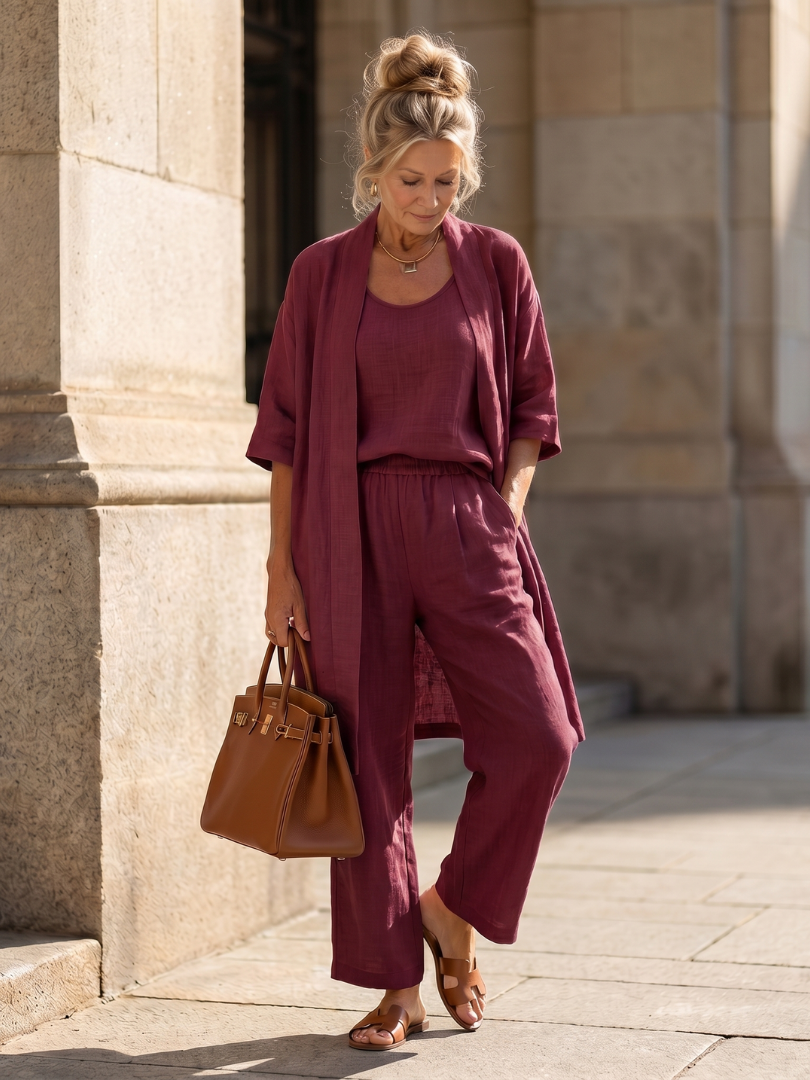 Trendy wide leg pants paired with matching cozy top
