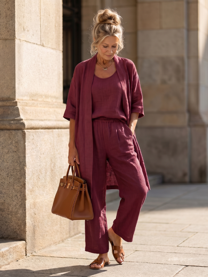 Trendy wide leg pants paired with matching cozy top