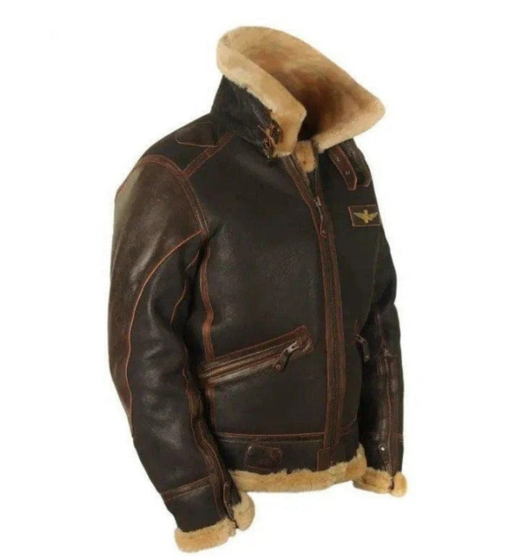 Close up angle of men's brown winter jacket highlighting collar structure and sleeve construction