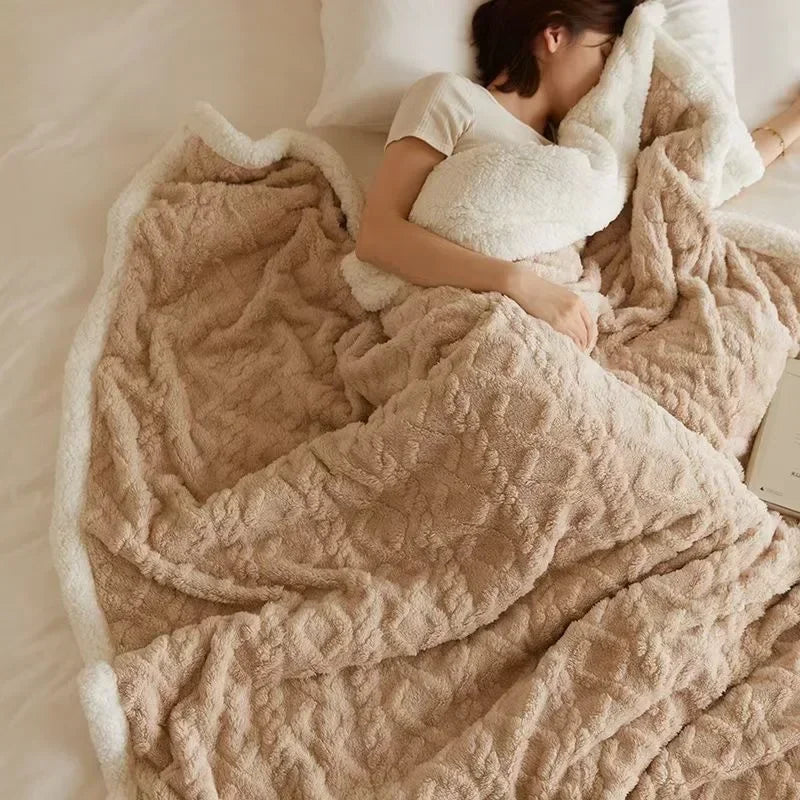 Fluffy winter blanket folded neatly showcasing thick plush lamb wool texture