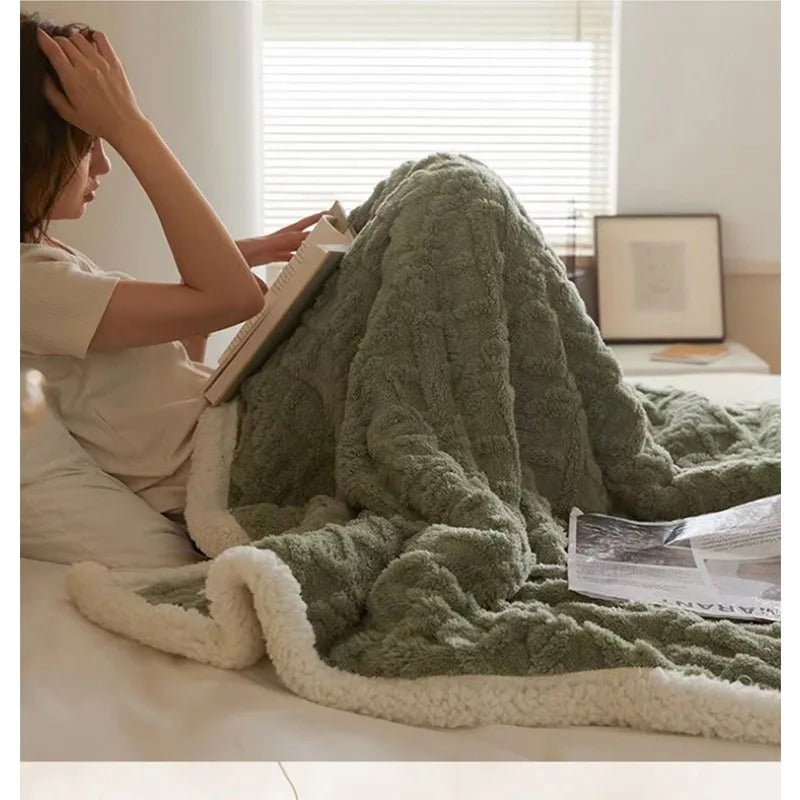 Cozy fluffy blanket wrapped invitingly for cold weather comfort