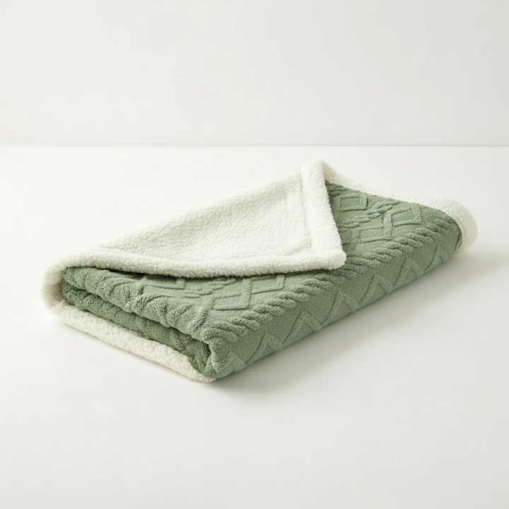 Folded green thickened jacquard sherpa blanket showcasing texture