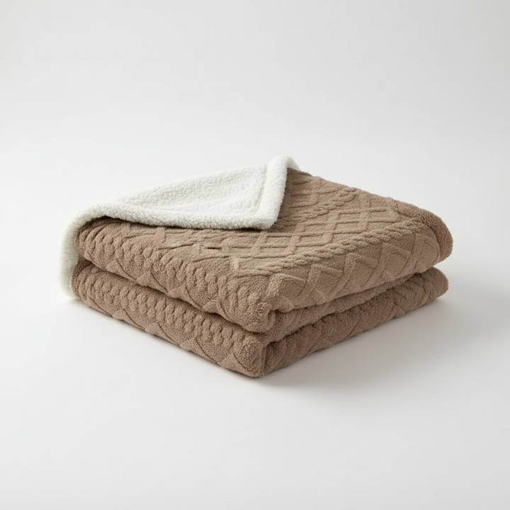 Folded brown thickened jacquard sherpa blanket on neutral background