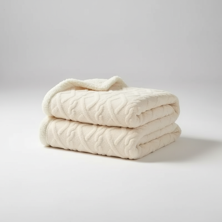 Folded beige thickened jacquard sherpa blanket neatly arranged
