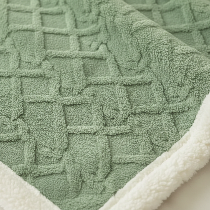 Warm bedroom accessory plush sherpa blanket spread across a queen bed