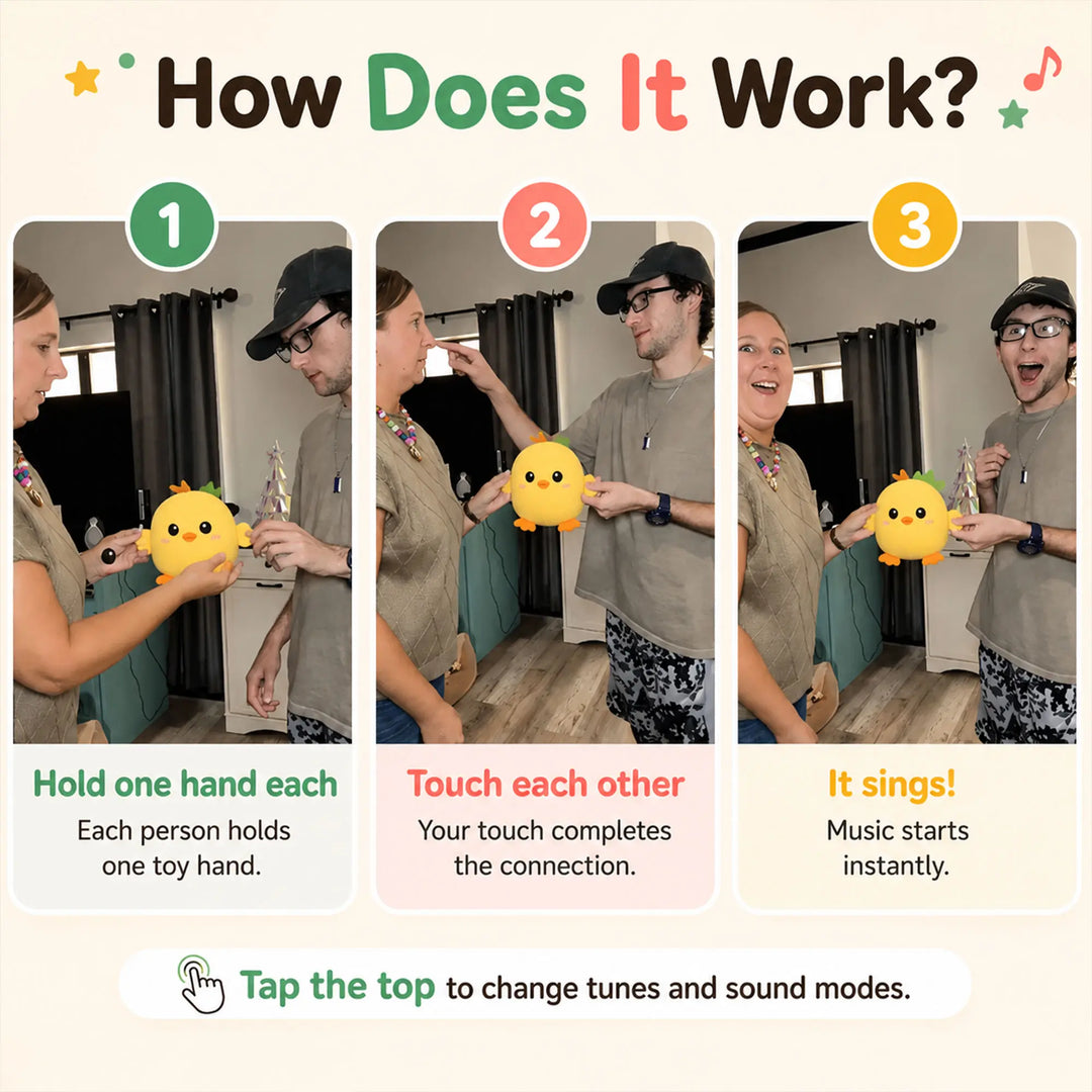 Step-by-step instructional graphic explaining how two people hold the toy and touch hands to play music.