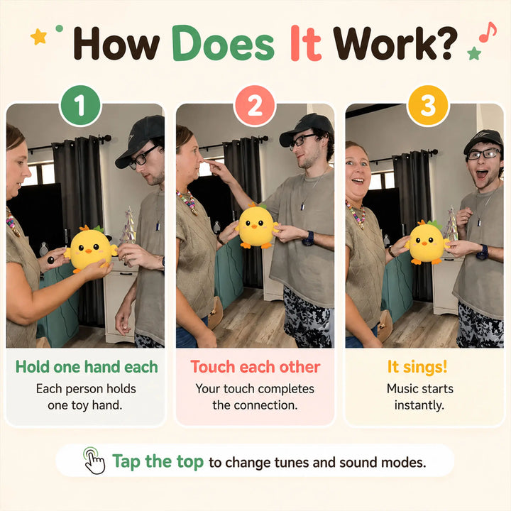 Step-by-step instructional graphic explaining how two people hold the toy and touch hands to play music.