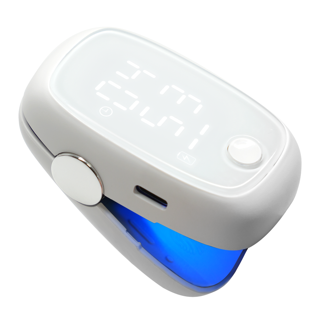 White nail fungus laser therapy device showing blue light emitter and control button