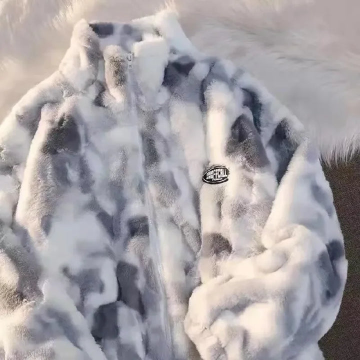 Grey tie-dye fleece jacket showcasing plush texture