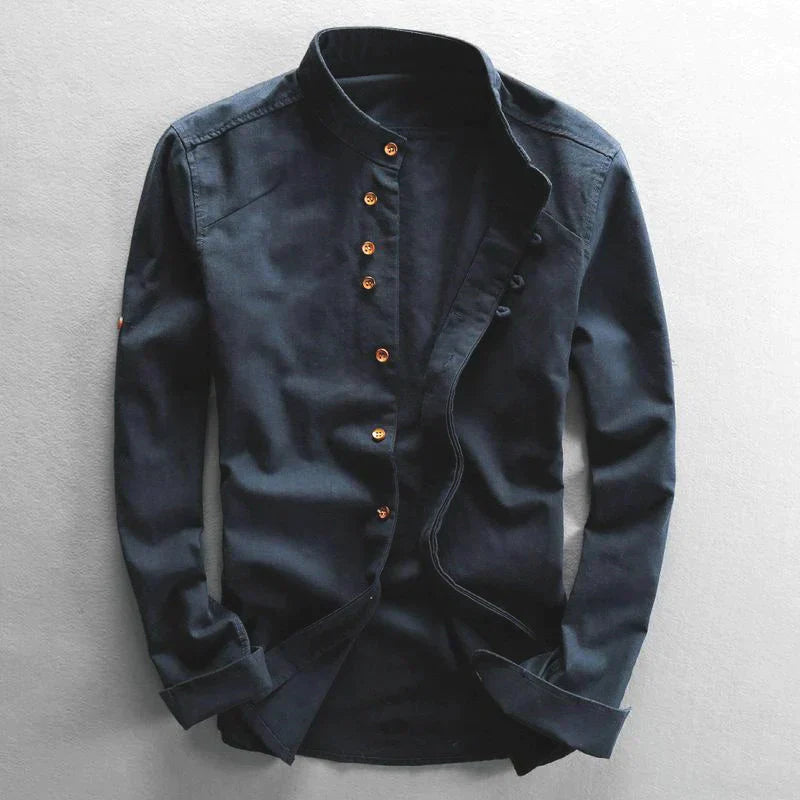 Navy blue men's mandarin collar long sleeve casual shirt with asymmetrical buttons
