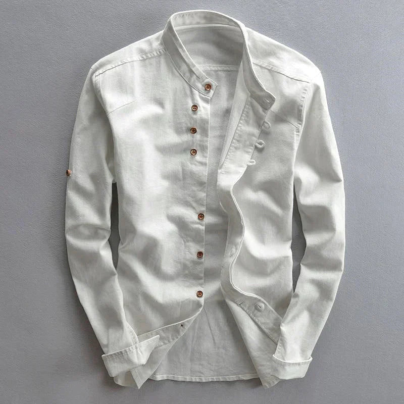 White men's mandarin collar long sleeve casual shirt displayed flat