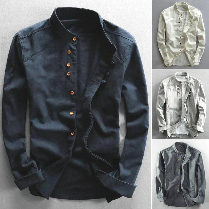 Close up of mens fashion mandarin collar shirt in long sleeve casual style