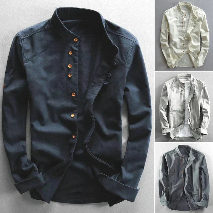Close up of mens fashion mandarin collar shirt in long sleeve casual style