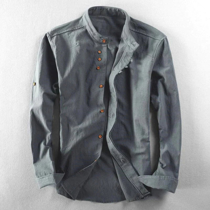 Mens long sleeve casual shirt with asymmetrical button down front and mandarin collar