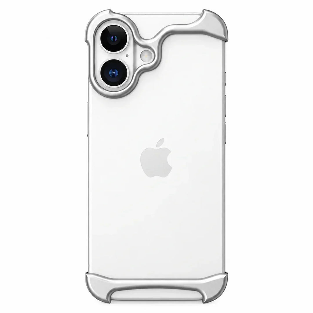 Gold minimalist metal phone case displayed from a dynamic angle