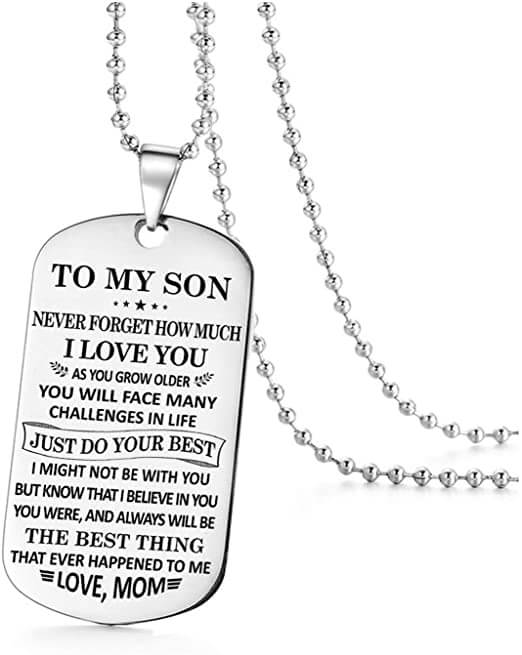 Gift-ready men's dog tag necklace and pendant showcasing detailed engraving