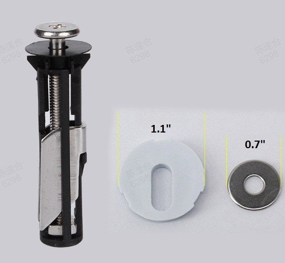 Full toilet seat fastener bolt kit with plastic and metal washers showing 28 mm sizing
