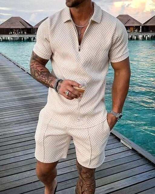 Full view of men's polo and shorts summer outfit in coordinated casual wear style