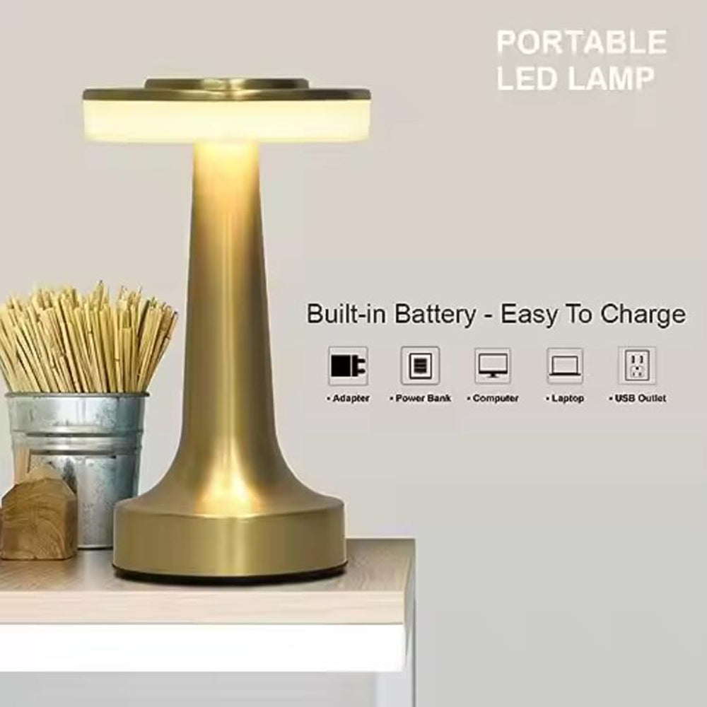 Portable touch LED table lamp graphic highlighting USB charging compatibility with adapters and power banks.