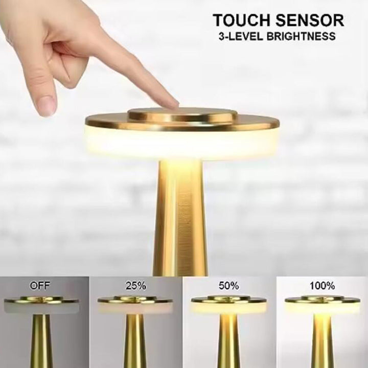 Cordless rechargeable touch LED table lamp showing the touch control panel