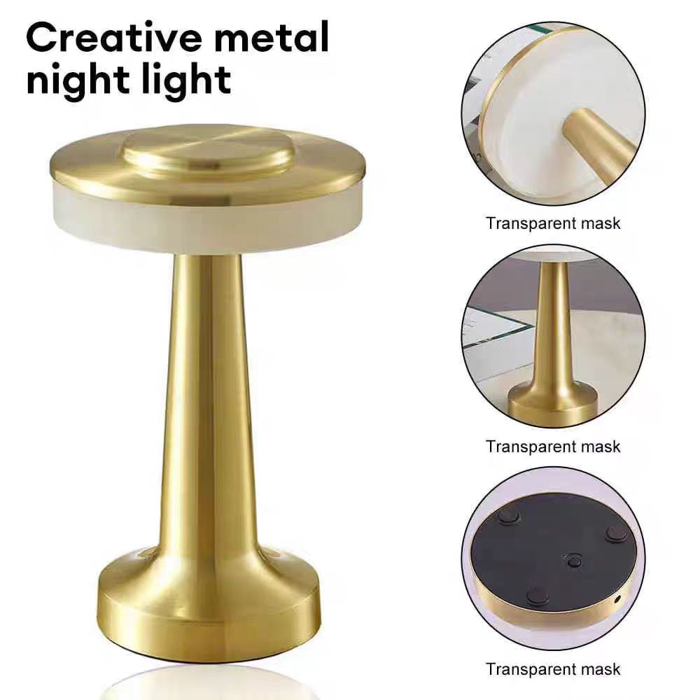 Modern bedside LED lamp glowing with warm light on a wooden nightstand