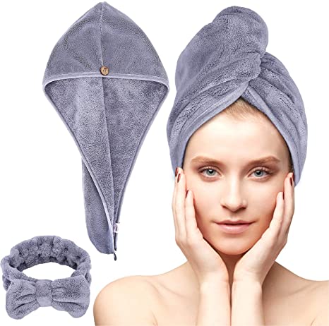 Grey microfibre hair towel wrap cap shown on a model with a matching headband