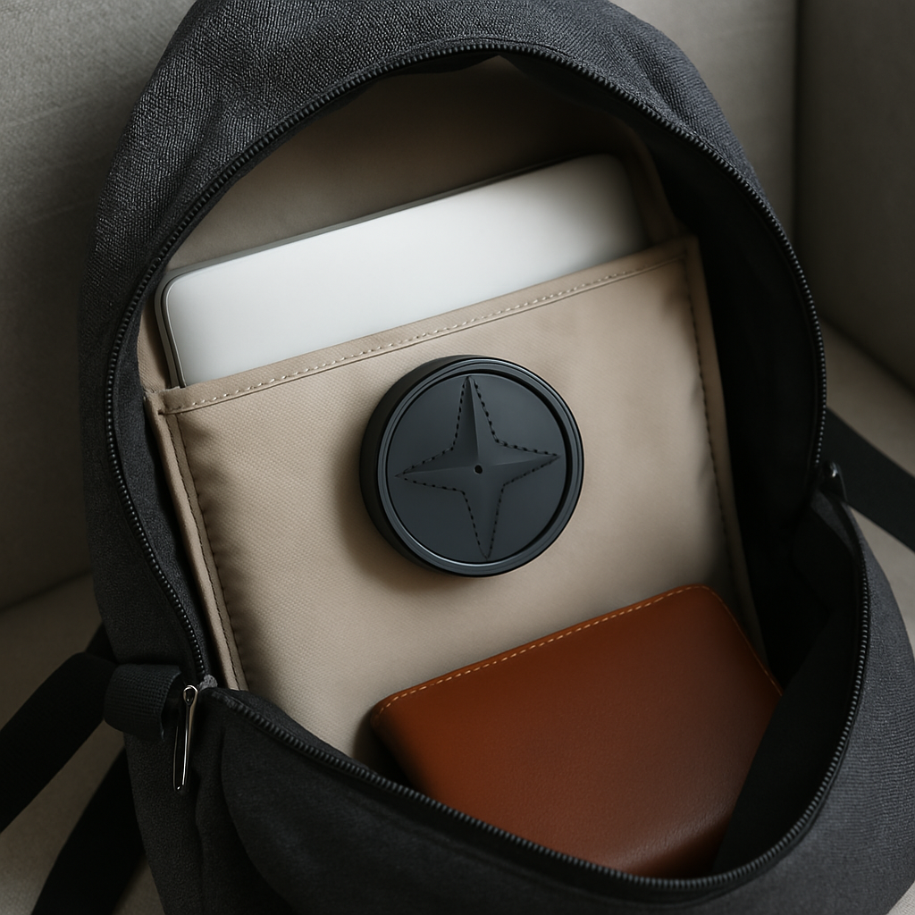 Discreet magnetic GPS tracker placed securely inside a black backpack pocket