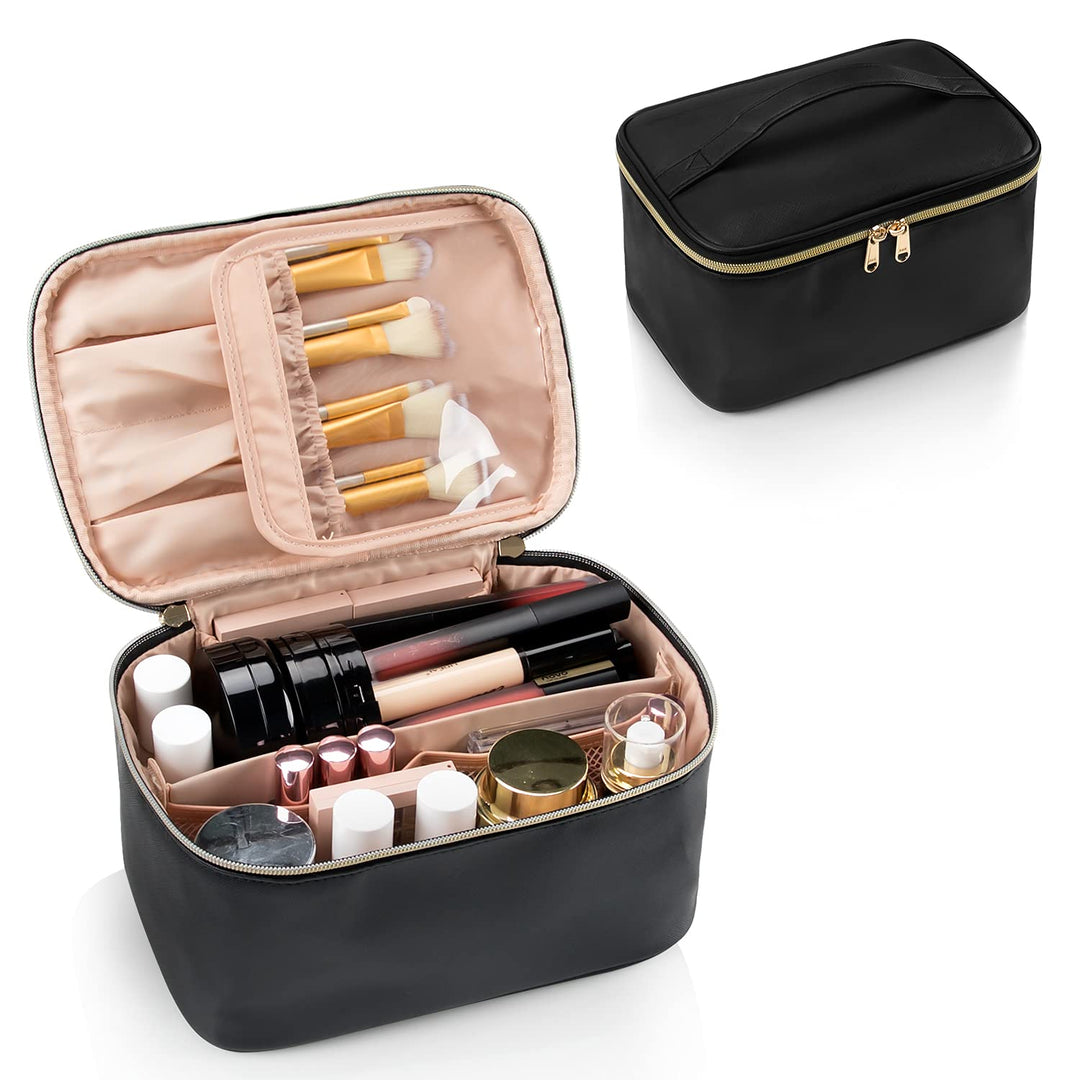 Black travel makeup organizer with open interior showcasing brush holders and dividers