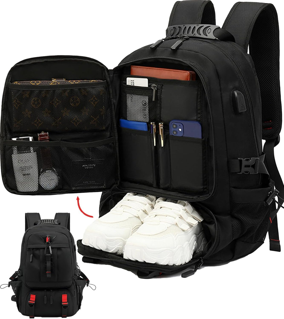 Unisex 60L waterproof travel laptop backpack open showing shoe compartment and organized interior pockets