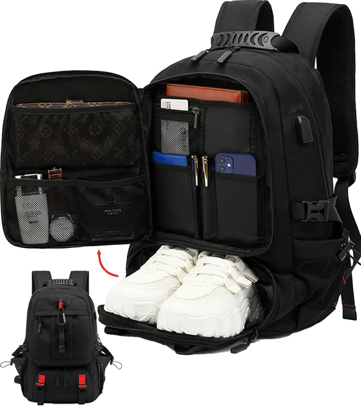 Unisex 60L waterproof travel laptop backpack open showing shoe compartment and organized interior pockets