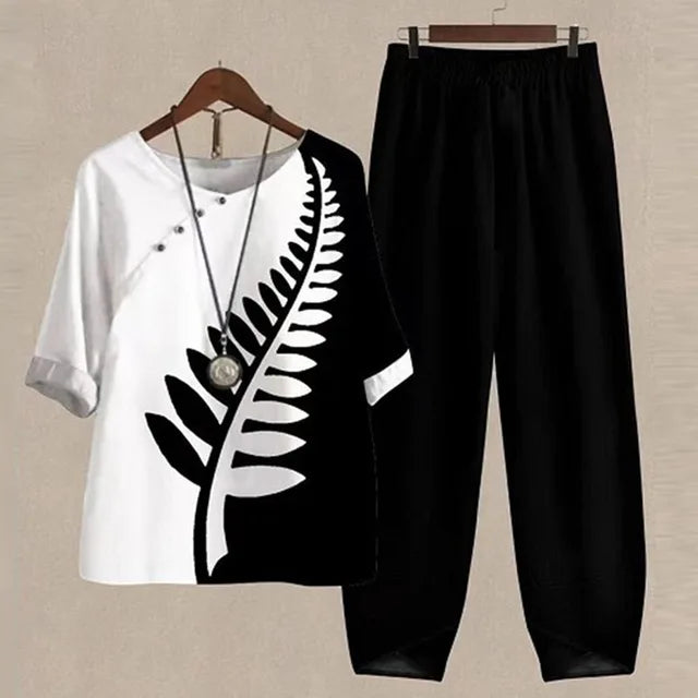 Chic women's summer outfit set featuring stylish top and bottom