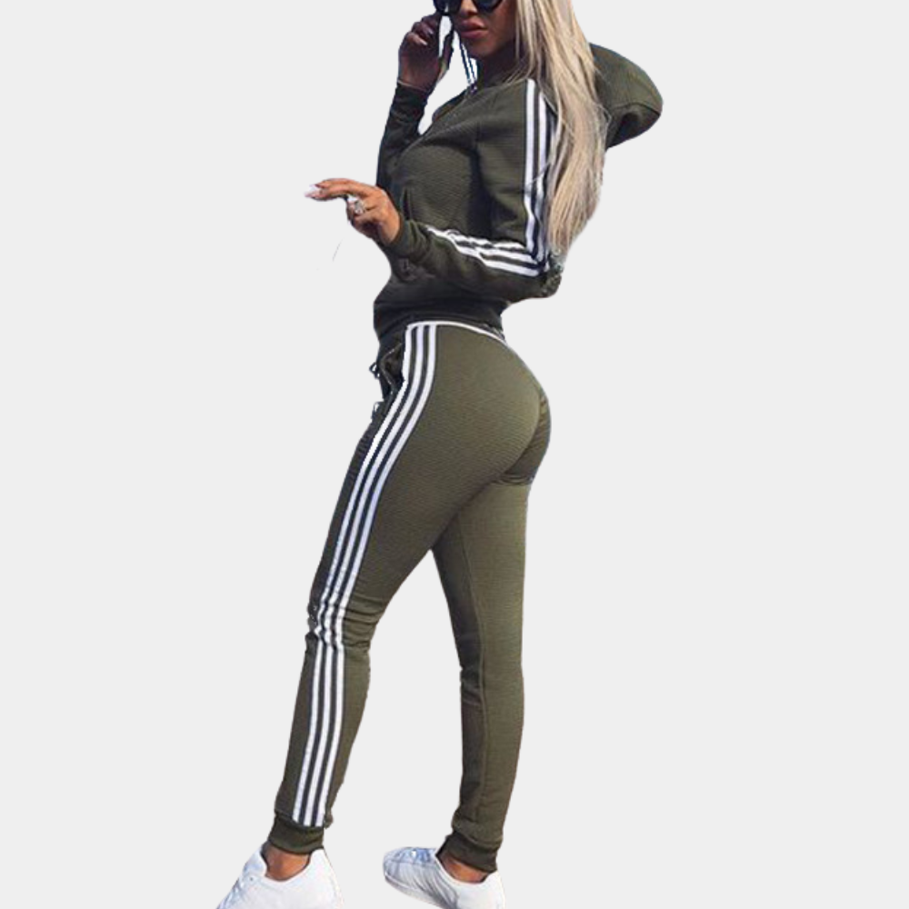 Side view of women's trendy 2-piece tracksuit in casual loungewear style