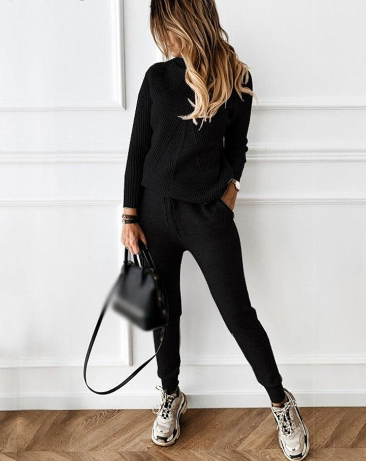 Cozy knit turtleneck tracksuit set for women in neutral tone lifestyle shot