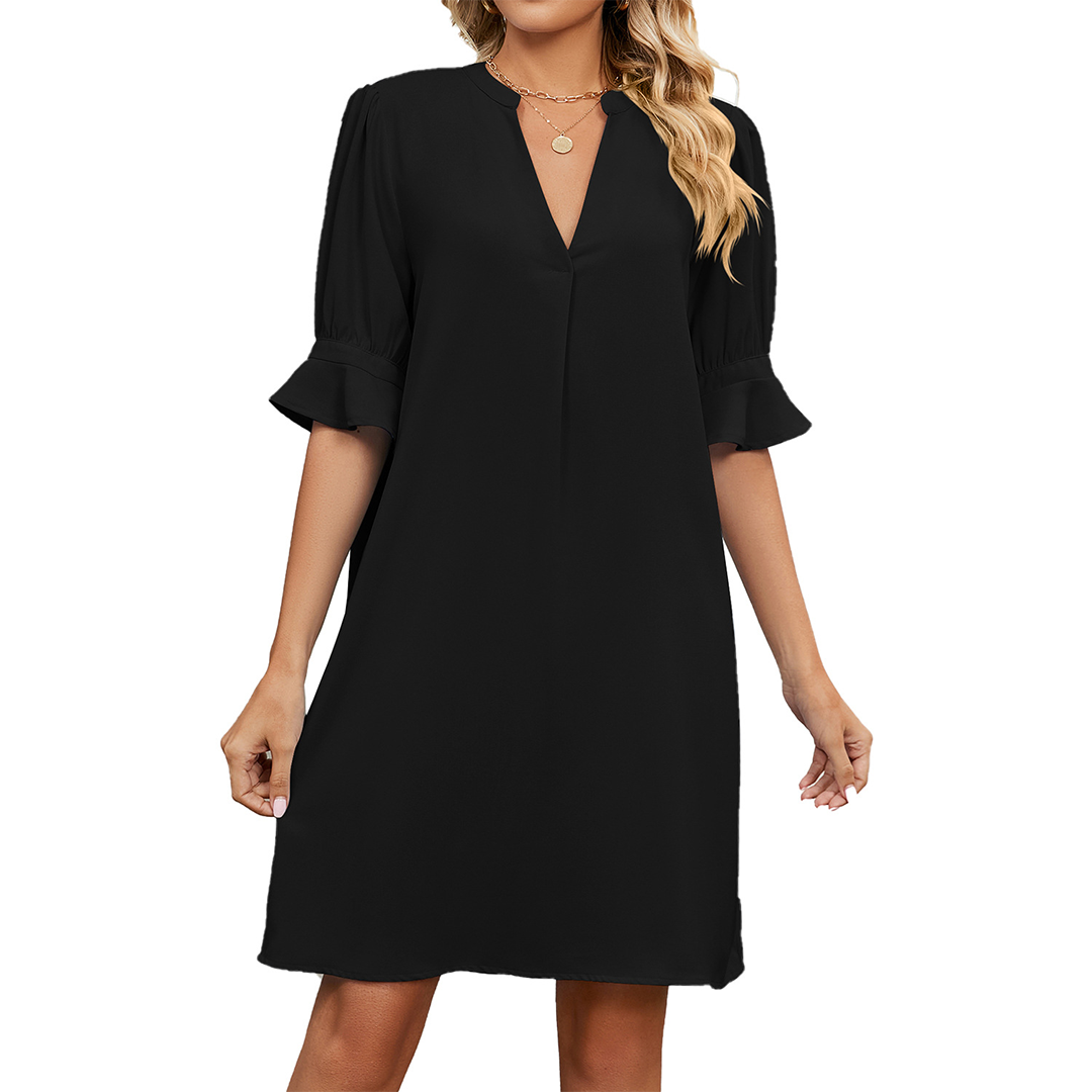 Back view of trendy V-neck summer dress with pleated skirt