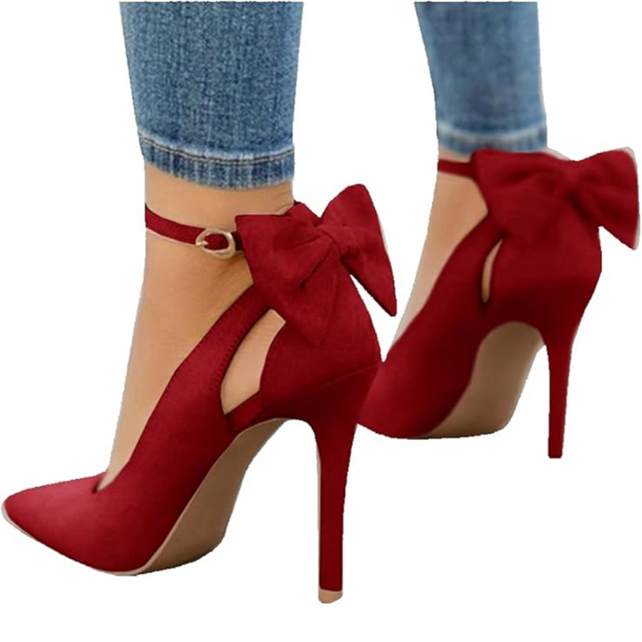 Side profile of women's trendy bow stiletto high heels with ankle strap