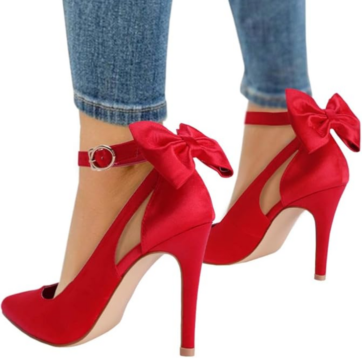 Satin red stiletto high heels with buckle ankle strap and pointed toe