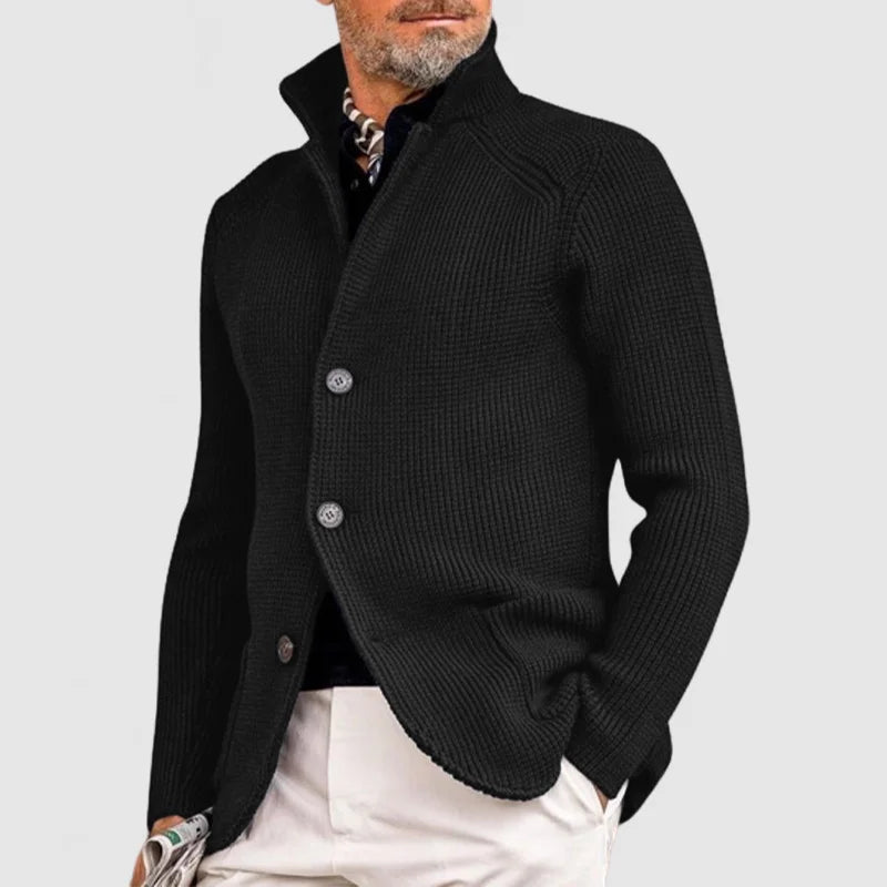Men's black knitted cardigan jacket front view