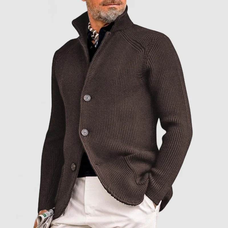 Back view of the stylish men's knitwear casual jacket showing the tailored fit