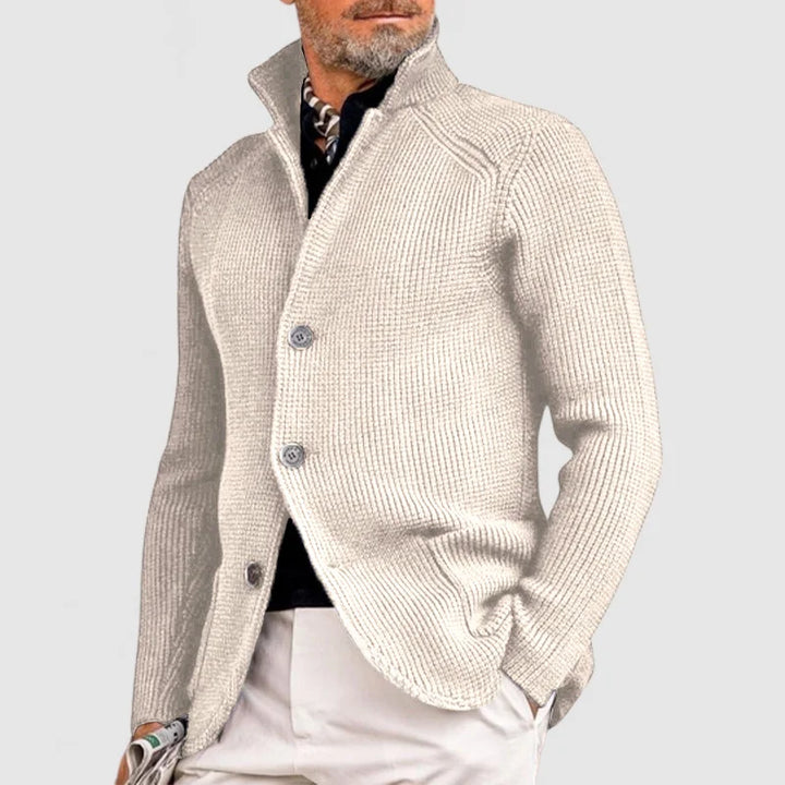 Men's beige knitted cardigan jacket worn by model